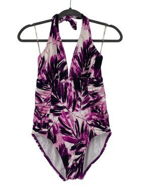 Calvin Klein Size 8 Purple Printed Side-Pleated Halter One-Piece Swimsuit